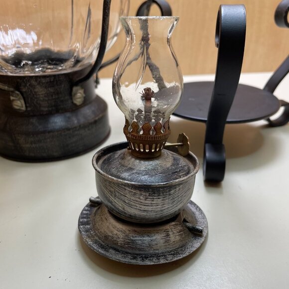 Rare Antique-Style 3 Piece Black Metal & Glass Lantern With Decorative Stand and - Picture 3 of 16